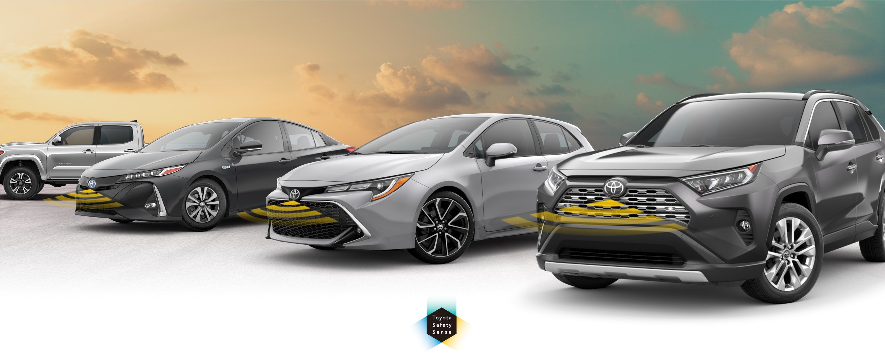 Toyota Safety Sense: Designed for Safety. Options shown on Toyota models including RAV4, Tacoma, and Camry, available now at Mike Kelly Toyota of Uniontown in Uniontown PA.