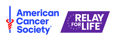Logo for American Cancer Society (blue text and red Caduceus symbol) and Relay For Life (white text on purple).