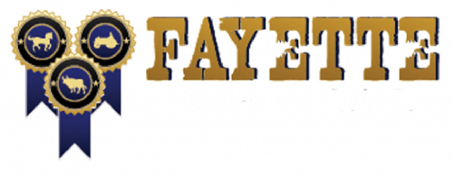 Logo for Fayette County Fair, featuring gold letters and three blue ribbons with a horse, tractor, and cow.