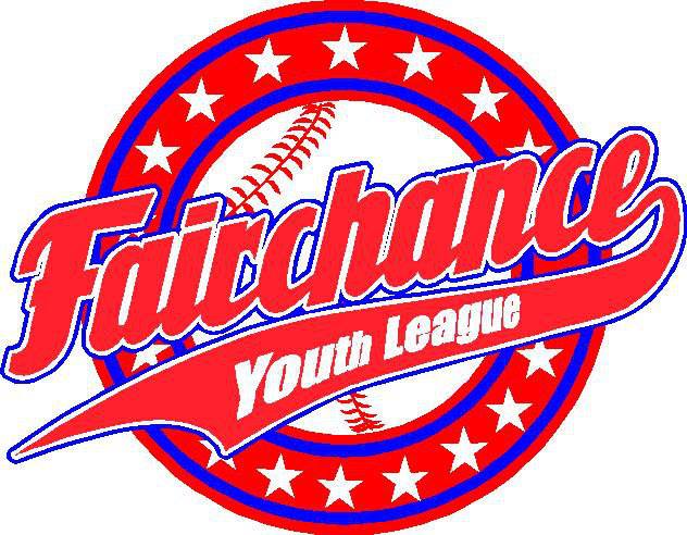 Logo for Fairchance Youth League, with a baseball background inside a circle of red, white, and blue stars.