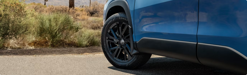 Close-up of the black alloy wheel on a blue Toyota parked beside desert brush