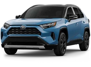 Blue Toyota RAV4 XLE hybrid, front three-quarter view