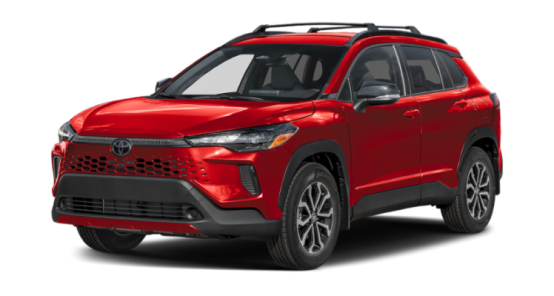 Red 2026 Toyota Corolla Cross with a roof rack, front three-quarter view